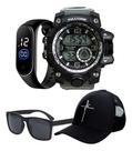 1 Relógio Sport Prova D'água + Led Digital + Óculos + Boné Fé