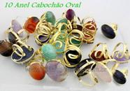 10 Anéis Cabochão Oval com Pedras Mistas - Banho Flash Dourado - Aro Ajustável - Pacote Atacado