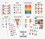 10 Pôsteres Educativos Laminados para Sala de Aula e Pré-Escola - Alfabeto, Dias, Sentimentos, Corpo - Traceease