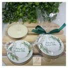 10 velas na latinhas com tercinho branco lembrança de batizado verde