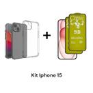 1UN Capinha Transparente Anti Impacto + 2UN Película Fosca 9D Flexível Para Iphone 15