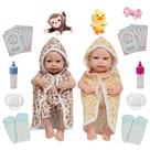 2 Bebê Reborn Gêmeos Casal Saída de Banho Patinho Macaquinho 2 Bebê Reborn Gêmeos Casal Saída de Banho Patinho Macaquinho
