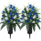 2 conjuntos de flores de cemitério artificiais LVXINLI com vaso de 47 cm branco+azul escuro