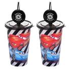 2 Copos Carros Relâmpago Mcqueen 500ml Estampado Tampa Canudo Decoração Roda