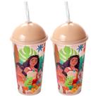 2 Copos Estampados Moana 500ml para meninas com Tampa e Canudo Plasútil