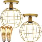 2 Lustres Teto Plafon + 2 Lâmpadas Led St64 Industrial Aramado Globo Retrô Vintage Dourado