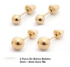 2 Pares de Brincos 3 mm e 4 mm Ouro 18 Kilates