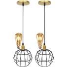 2 Pendentes Aramado Globo Luminária Lustre Retrô Balcão Preto Dourado + 2 Lâmpadas Led ST64 Teto