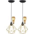 2 Pendentes Aramado Teto Diamante Luminária Lustre Retrô Balcão + Lâmpada Led ST64 Vintage