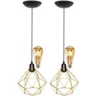 2 Pendentes Aramado Teto Diamante Luminária Lustre Retrô Balcão + Lâmpada Led ST64 Vintage