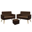 2 Poltronas Namoradeira Nina Para Sala de Estar Com Rodapé E Capitonê Com Puff Quasar Couro Marrom Aradecor