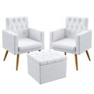2 Poltronas Nina Estofada Com Rodapé E Capitonê Com Puff Quasar Couro Branco Aradecor