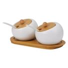 2 Potes Porta Mantimentos Cerâmica com Tampa Bambu + Bandeja Ideal para Organização de Cozinha