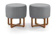 2 Pufes Banqueta Redonda Para Sala Decoração Interior Pes Ferro Cobre Tecido Cinza