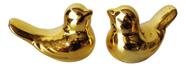 2X Kit Enfeites Passarinhos Cerâmica Decoração Dourado 2 Peç