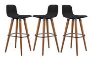 3 Banquetas Alta Retrô Pés de Madeira Apoio Para Pés em Aço Preto Tecido Linho Preto