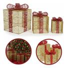 3 Caixas Presente Enfeite Decoração Natal Led Árvore Aramada Dourado Aramado Glitter