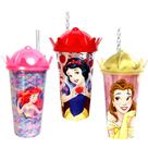 3 Copos Shake 500ml Plasútil Canudo e Coroa Princesas Disney p/ Meninas