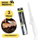 3 Facas de Desossa p/ Corte 6 Polegadas Profissional Inox Cabo Branco Ideal p/ Açougue Mercados Frig