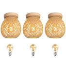 3 Luminaria Bambu Plafon Artesanal Fibra Natural Nat93 + Led