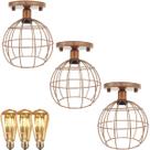 3 Lustre Teto Plafon + 3 Lâmpada Led St64 Industrial Aramado Globo Retrô Vintage Cobre Rose Gold