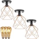 3 Lustres Teto Plafon + 3 Lâmpadas Led St64 Industrial Aramado Cálice Cobre Rose Gold Vintage Preto