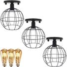 3 Lustres Teto Plafon + 3 Lâmpadas Led St64 Industrial Aramado Globo Retrô Vintage Preto