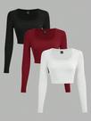 3 Peças/Conjunto Camisetas Cropped de Manga Longa com Gola em U Minimalista e Casual 3 Peças/Conjunto Camisetas Cropped de Manga Longa com Gola em U Minimalista e Casual