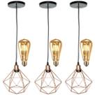 3 Pendentes Aramado Diamante Luminária Lustre Retrô Balcão + 3 Lâmpadas Led ST64 Vintage Teto