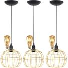 3 Pendentes Aramado Teto Globo Luminária Lustre Retrô Balcão + Lâmpada Led ST64 Vintage Dourado