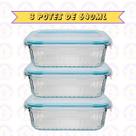 3 Pote Canelado Retangular 640ML Tampa Hermética Frutas Fit Alimentos