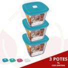 3 Pote Vidro Quadrado Alto Facilita c/ Tampa Sortida 1L Marinex