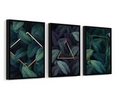 3 Quadros C Moldura Folha Figuras Geometricas Douradas 60x40 Moldura Preta