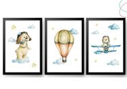 3 Quadros Decorativos Infantil Ursinho Aviador Aquarela 3 Quadros Decorativos Infantil Ursinho Aviador Aquarela