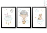 3 Quadros Decorativos Infantil Ursinho Coelhinho Balão Nuvem