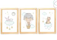 3 Quadros Decorativos Infantil Ursinho Coelhinho Balão Nuvem