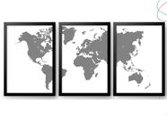 3 Quadros Decorativos Mapa Mundi Cinza 3 Quadros Decorativos Mapa Mundi Cinza