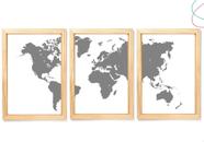 3 Quadros Decorativos Mapa Mundi Cinza