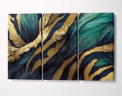 3 Quadros em Tecido Canvas Abstrato Azul Petróleo e Ouro