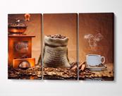 3 Quadros em Tecido Canvas Café Grão Xicara Coffee Moedor