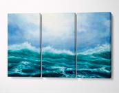 3 Quadros em Tecido Canvas Ondas Mar Céu Pássaros Paisagem