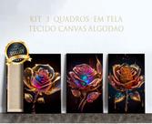 3 Quadros em Tecido Canvas Rosas de Cristal Dourado Gold 3 Quadros em Tecido Canvas Rosas de Cristal Dourado Gold