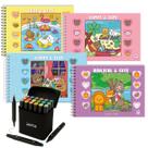 4 LIVROS DE COLORIR Comfy E Cozy Pink Blue Violeta Amarelo Bíblico com 24 Canetas Touch Ponta Dupla