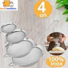 4 Peneiras Coador em Aço Inox Multifuncional Para Farinhas Alimentos Frutas uso Cozinha 12cm 14cm 18