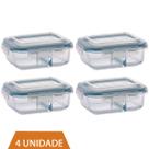 4 Pote de Vidro 1040ml Retangular Divisória Marmita Fitness