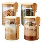 4 Pote De Vidro Redondo Tampa Bambu Hermético C/ Colher 620ml