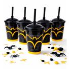 5 Copo Plástico Tampa e Canudo Morcego festa 400ml decoração