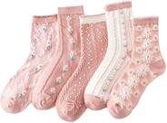 5 Pares de Meias Femininas Branca e Rosa Finas Personalizadas De Algodão De Renda -
