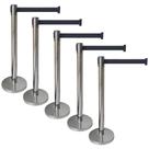 5 X Pedestal Organizador Separador de Fila Cromado Com Fita Retrátil Preta tipo Balizador Aeroporto