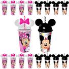 50 Copos Mickey E Minnie Com Orelhas e Canudo Sacola Surpresa Infantil P/ Festa